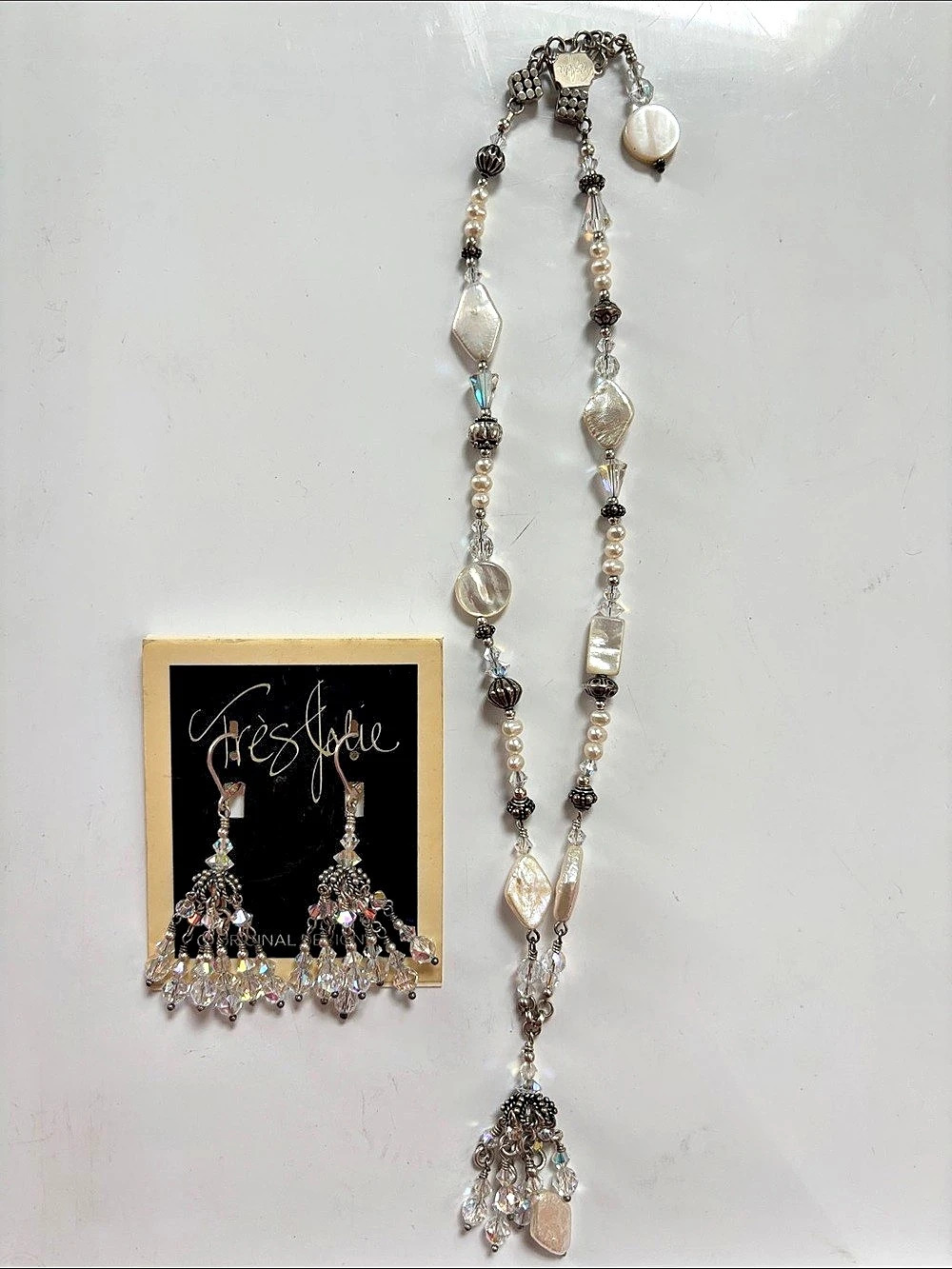Tres Jolie Beaded Statement Necklace & Earrings in Silver